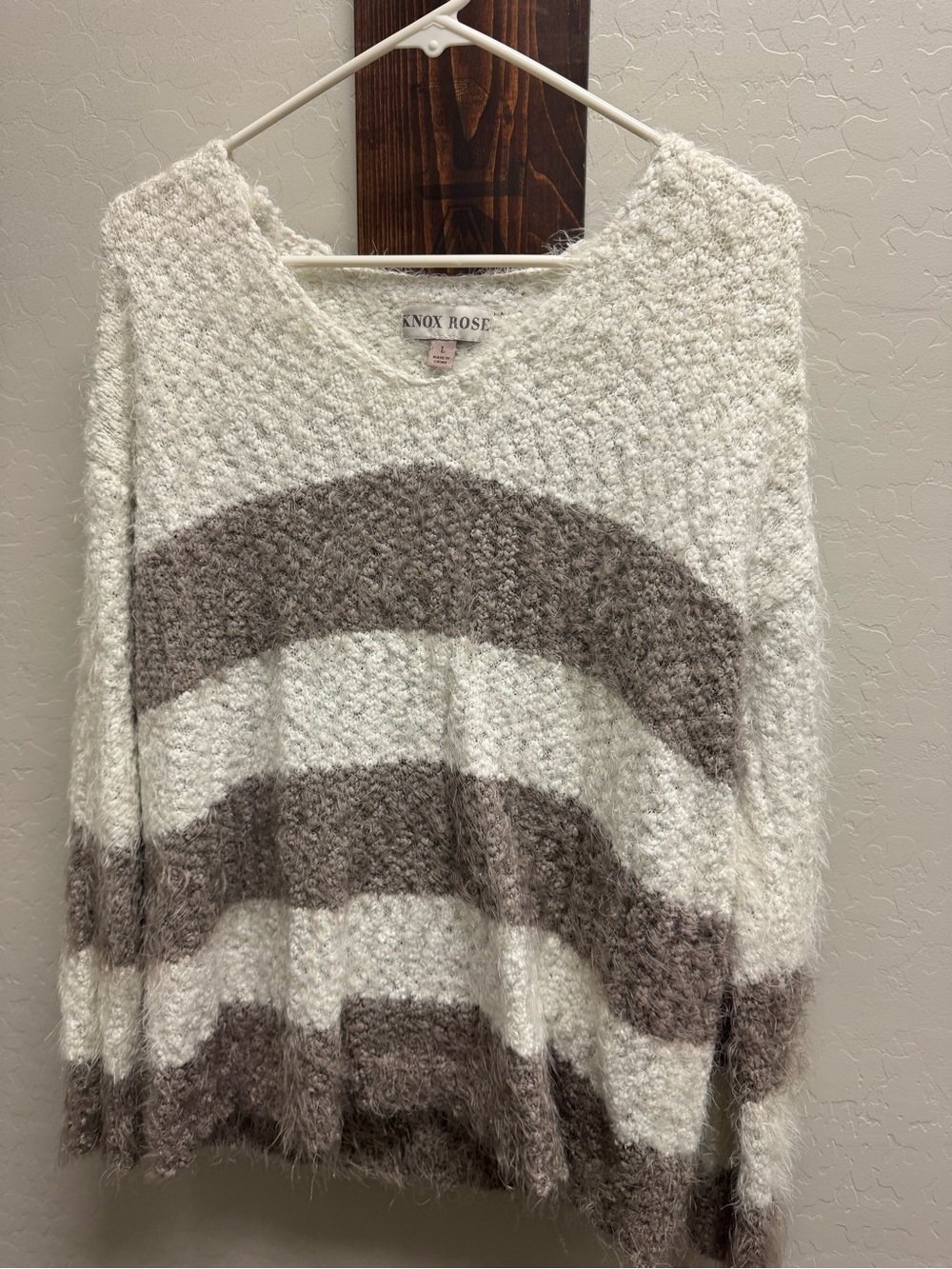 Knox Rose Cream and Taupe Striped V-Neck Cozy Sweater